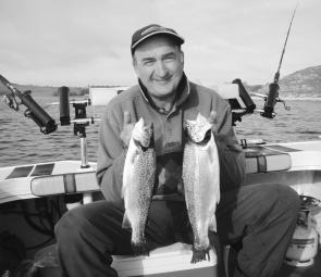 John Dalla-Rosa with some nice trout taken trolling at Lake Bullen Merri.